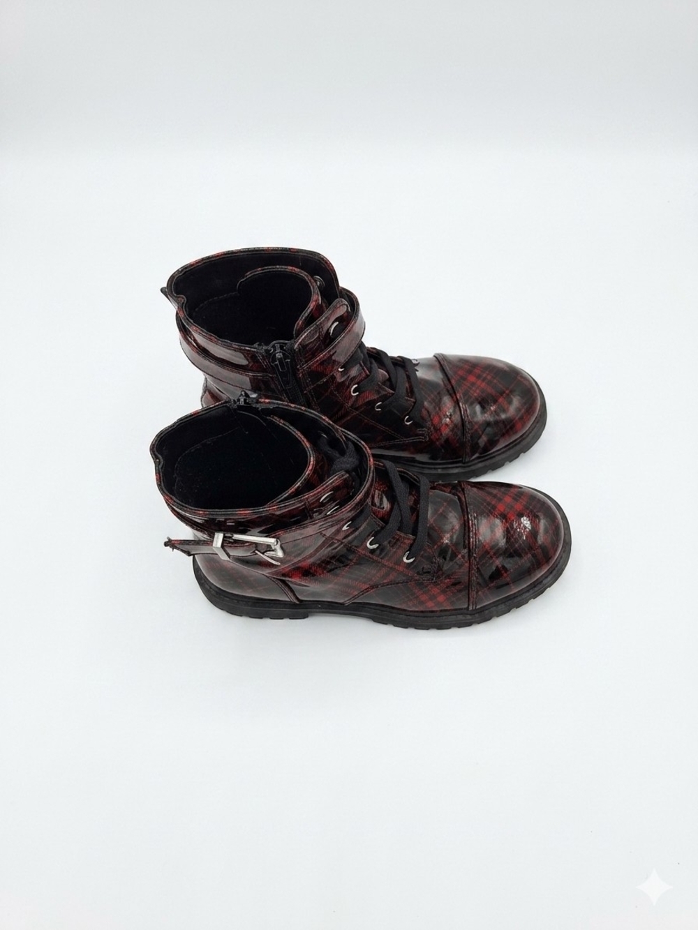Red Plaid Lace-Up Combat Boots